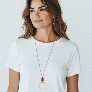 J Jill Goldtone Red Stone Pendant Necklace & Hoop Dangle Earrings Set NWT